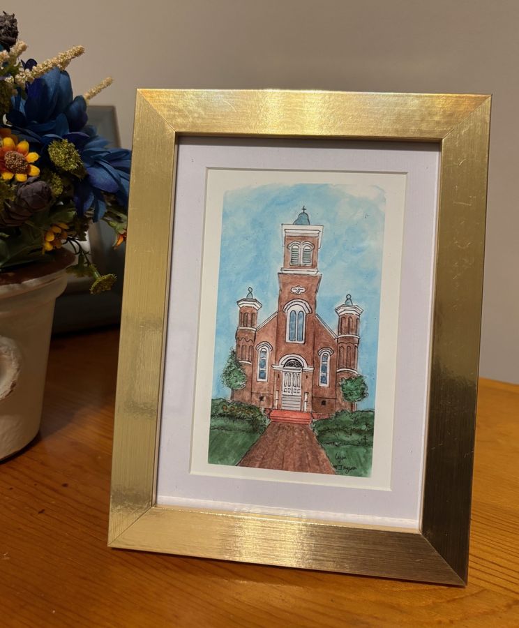 Framed painting of First Presbyterian Church in Oxford, Mississippi
